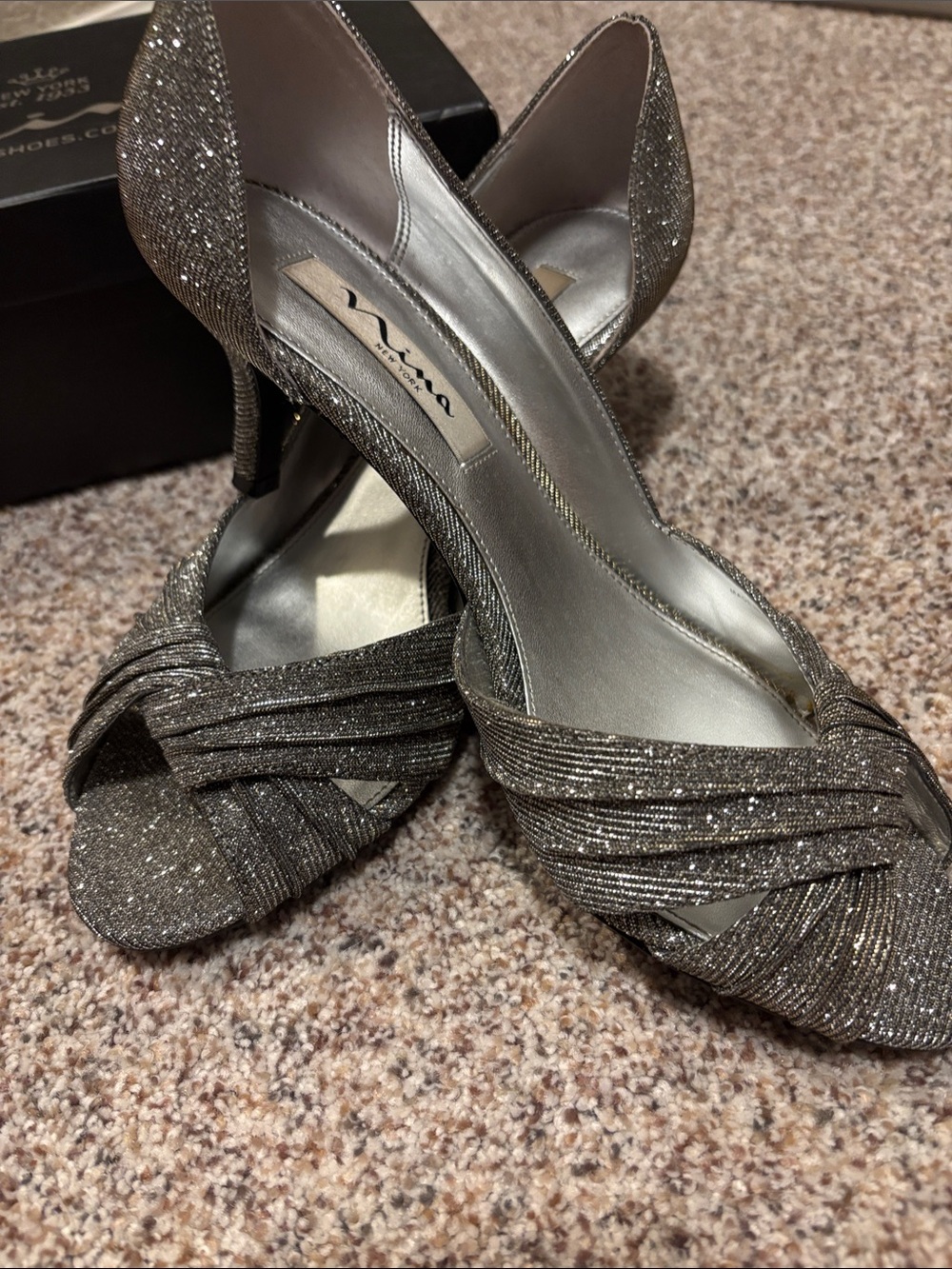 Nina Silver Glitter Open-Toe Knot Heels Size 9